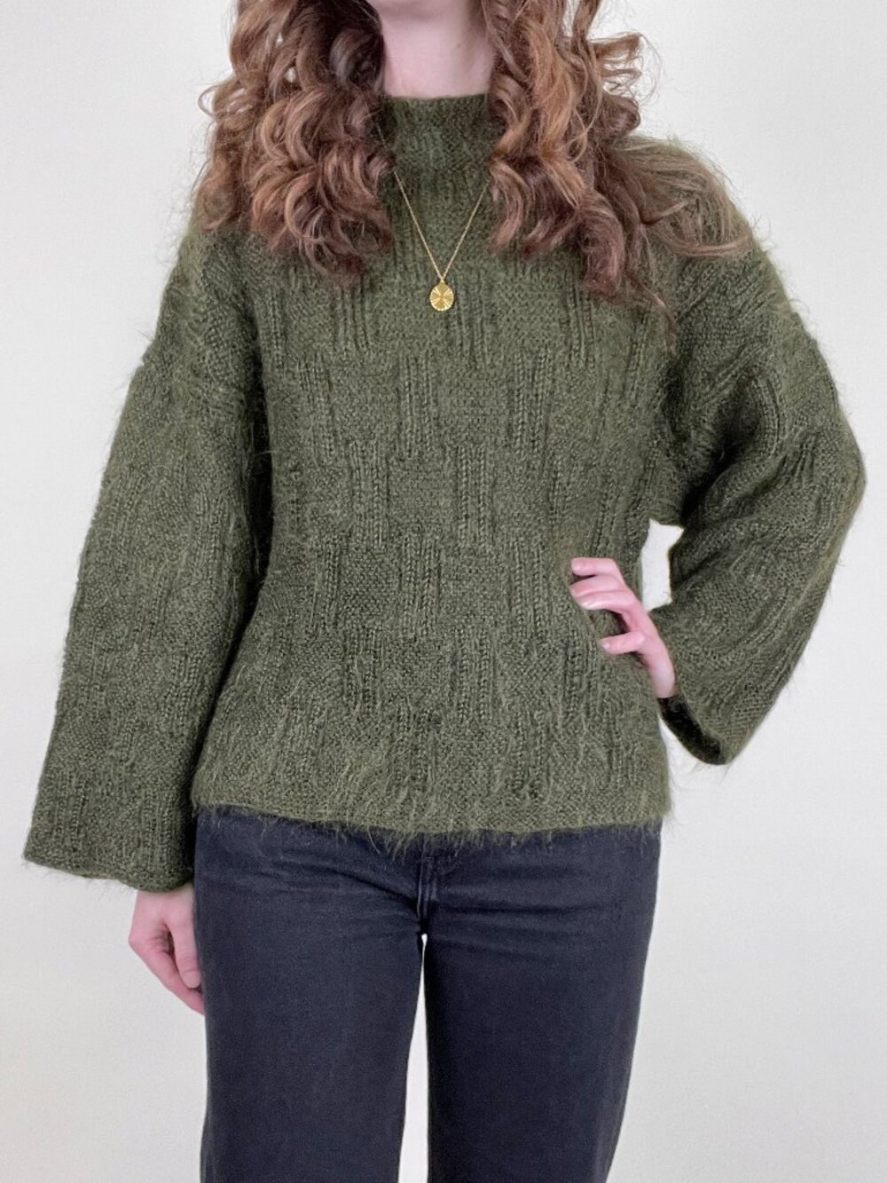 Vintage Hand Knit Oversized Sweater Cozy Slouchy Olive Green Mohair or Alpaca
